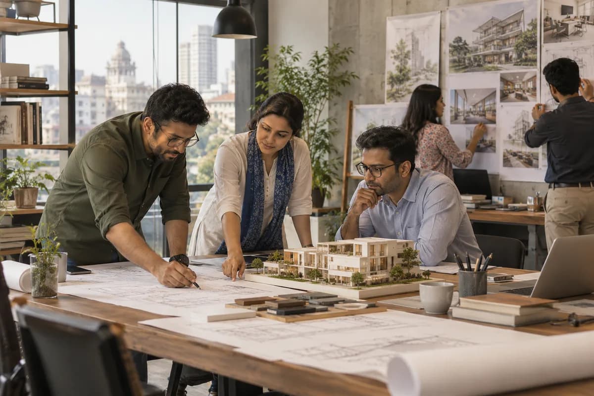 Realistic editorial illustration of architecture firms at work in India