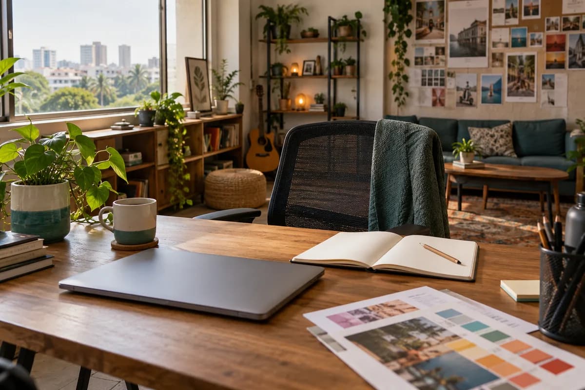 A prepared desk with a notebook, laptop and creative materials in a sunlit workspace