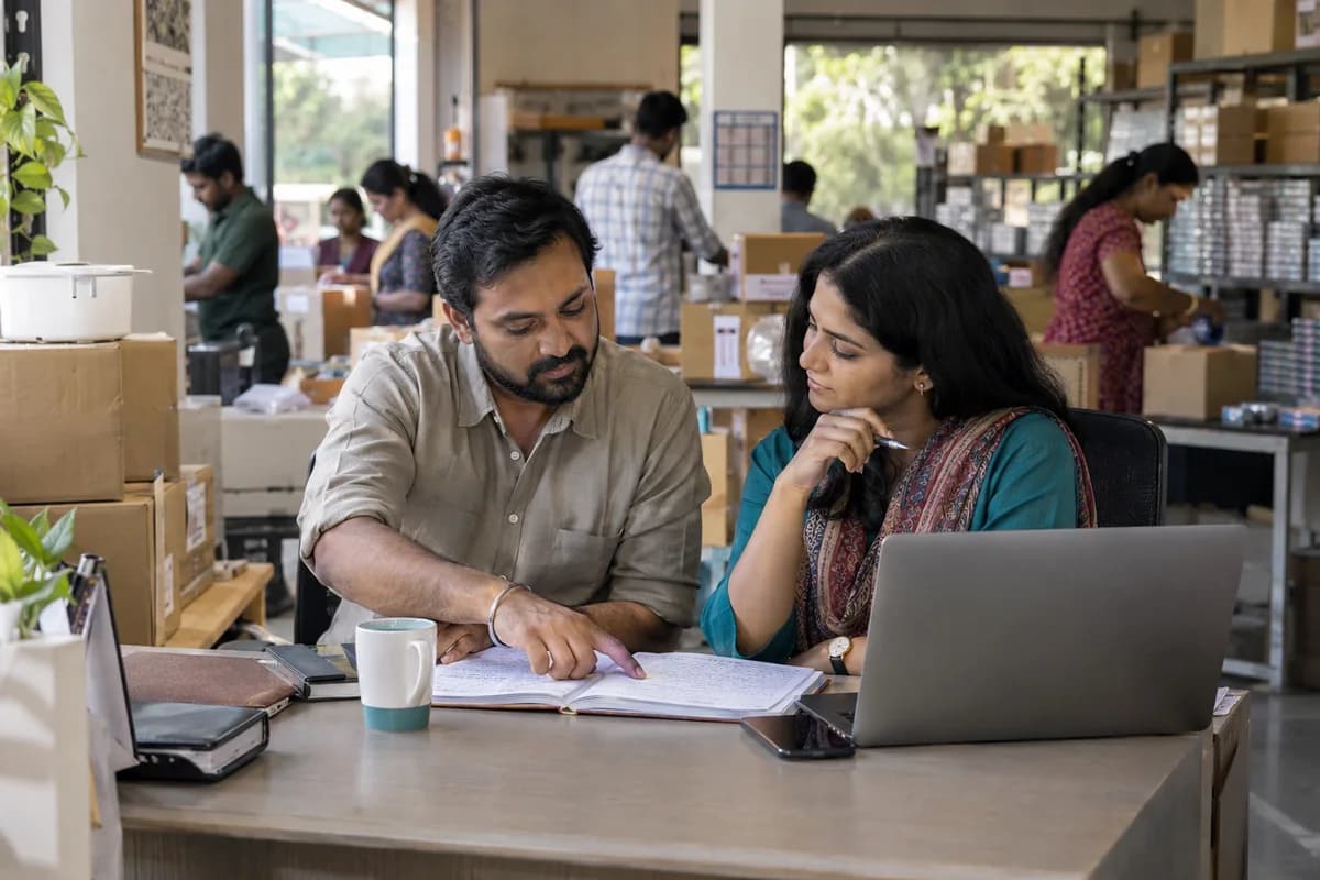A business owner and consultant review customer enquiries beside a shop floor with packed orders